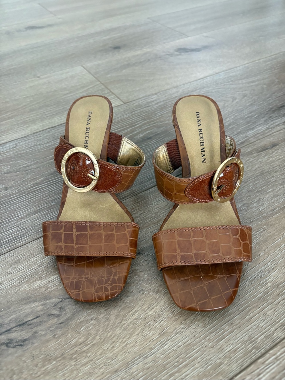 Dana Buchman Cognac Croc-Embossed Slide Mules with Gold Buckle